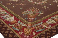 Oversized Antique Aubusson Rug in Brown with Floral Medallions - Rug & Kilim