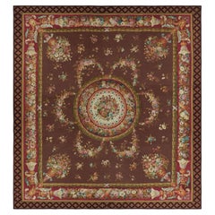Oversized Antique Aubusson Rug in Brown with Floral Medallions - Rug & Kilim
