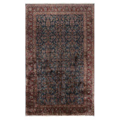 Oversized Antique Kashan Rug in Blue with Red Floral Patterns - Rug & Kilim