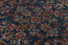 Oversized Antique Kashan Rug in Blue with Red Floral Patterns - Rug & Kilim