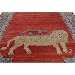 Oversized Antique Rug in Red Open Field & Lion Pictorials - Rug & Kilim