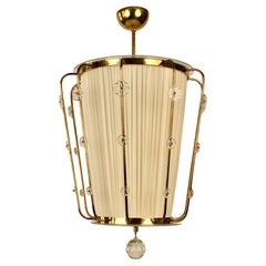 Pendant Lamp, Brass with Silk Shade and  glass elements, Lobmeyr Austria, 1950