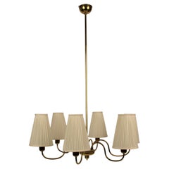 Mid-century, Six Arm Chandelier in Brass with Silk Shades, from Rupert Nikoll