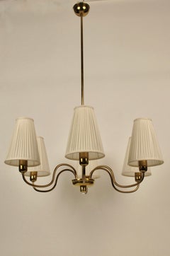 Mid-century, Six Arm Chandelier in Brass with Silk Shades, from Rupert Nikoll
