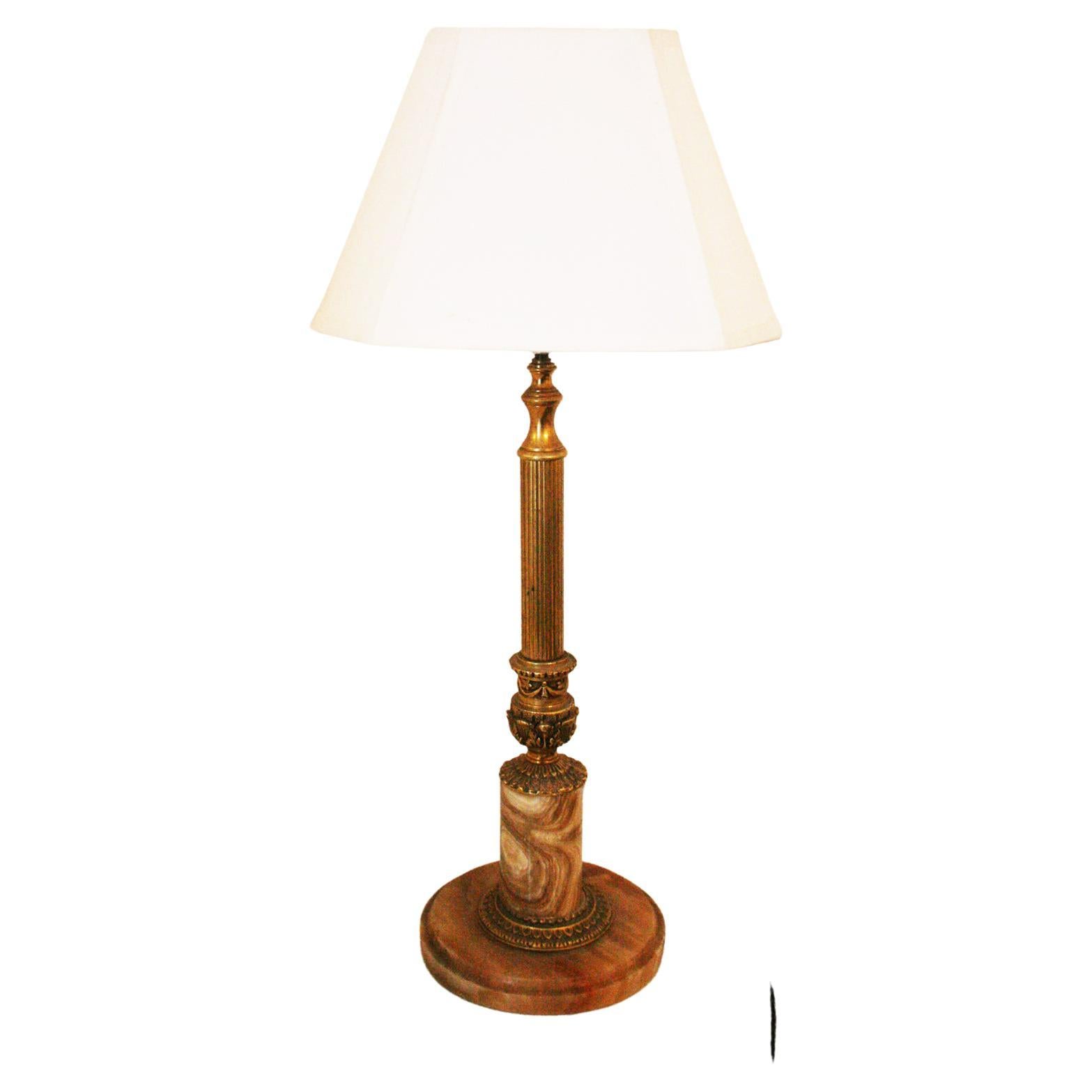 Empire Table Lamp Alabaster Onix Caramel and Brass Large Column Early 20th Century For Sale