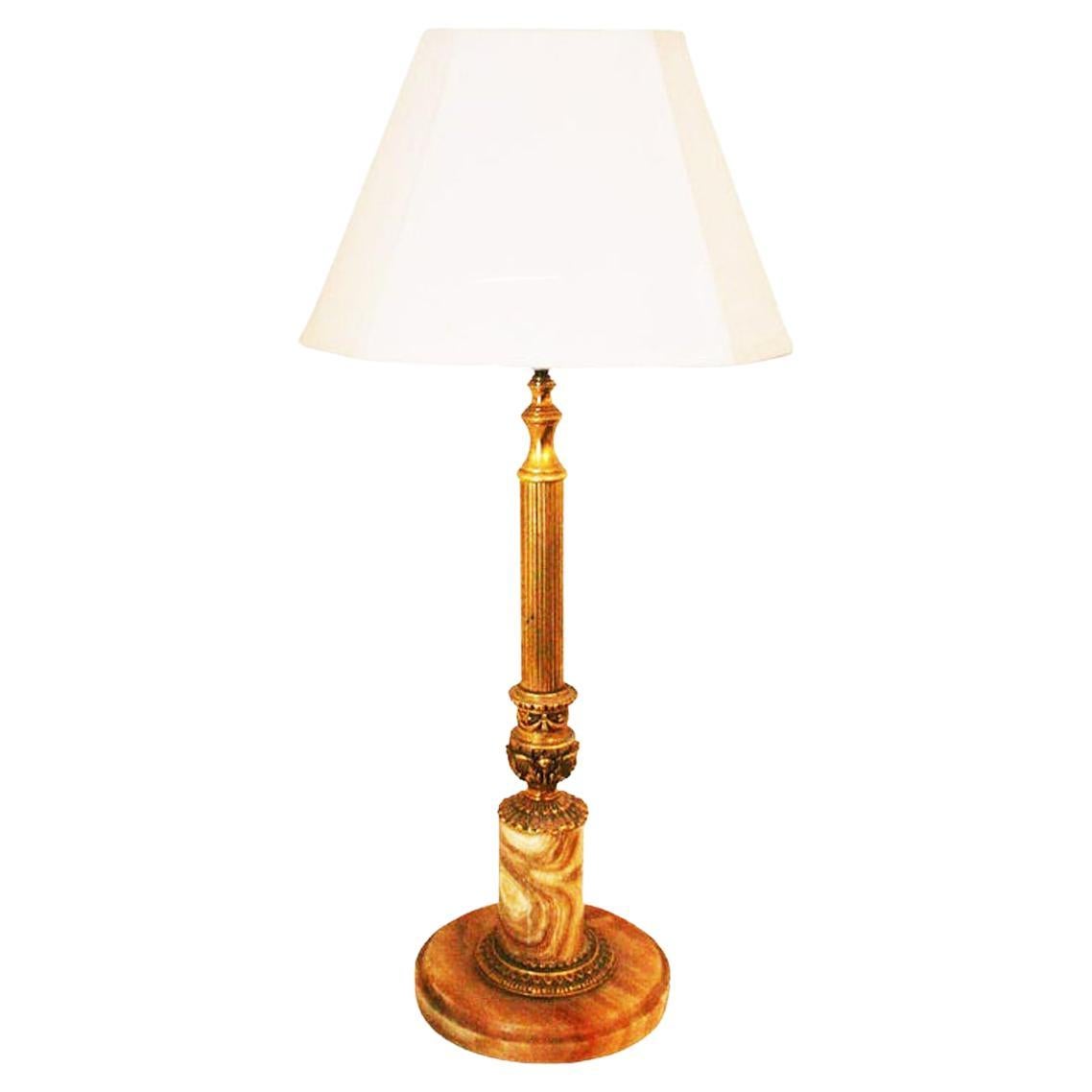 Table Lamp Alabaster Onix Caramel and Brass Large Column Early 20th Century