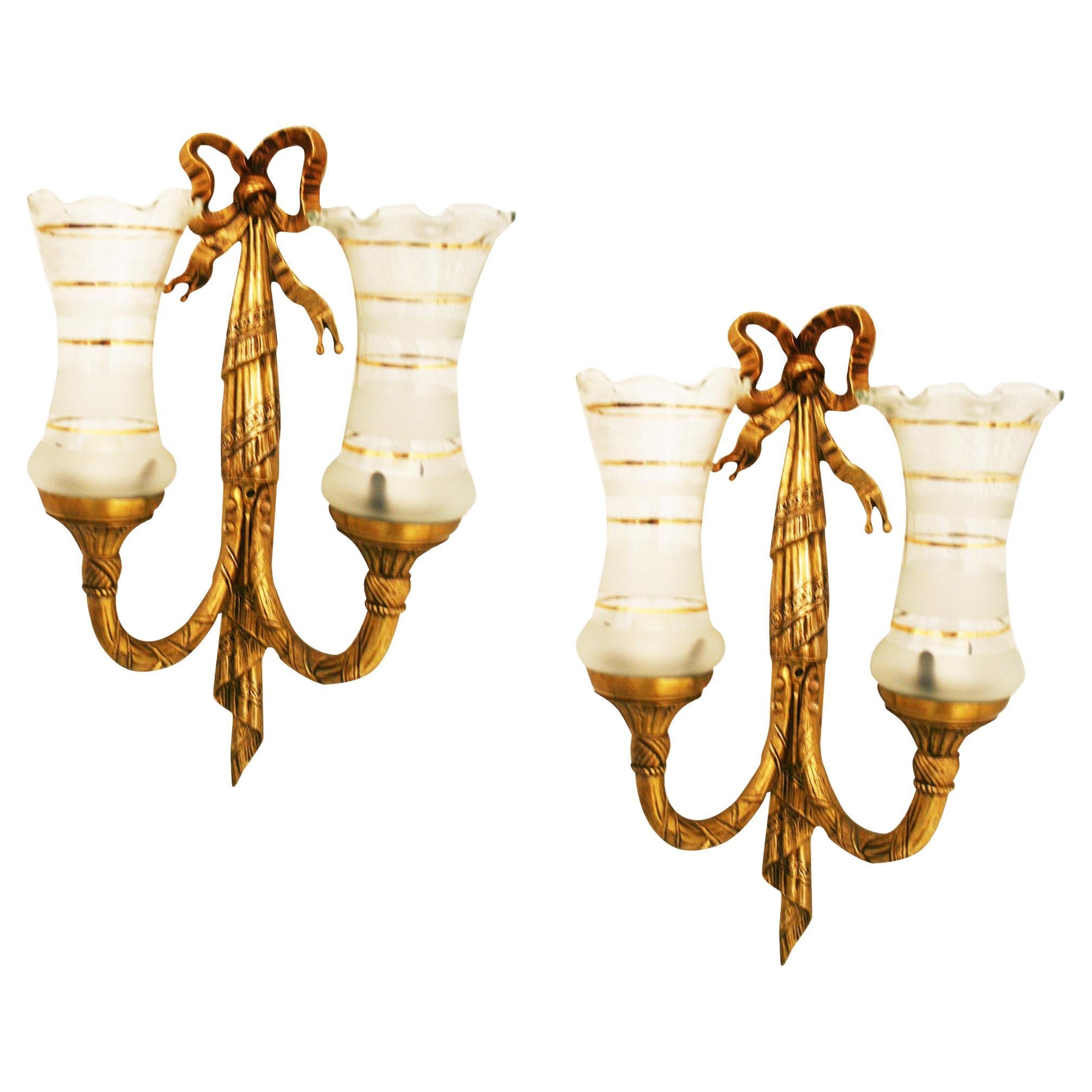  Wall Sconces with Two Lights, Louis XVI Style Golden Bronze or Brass Pair