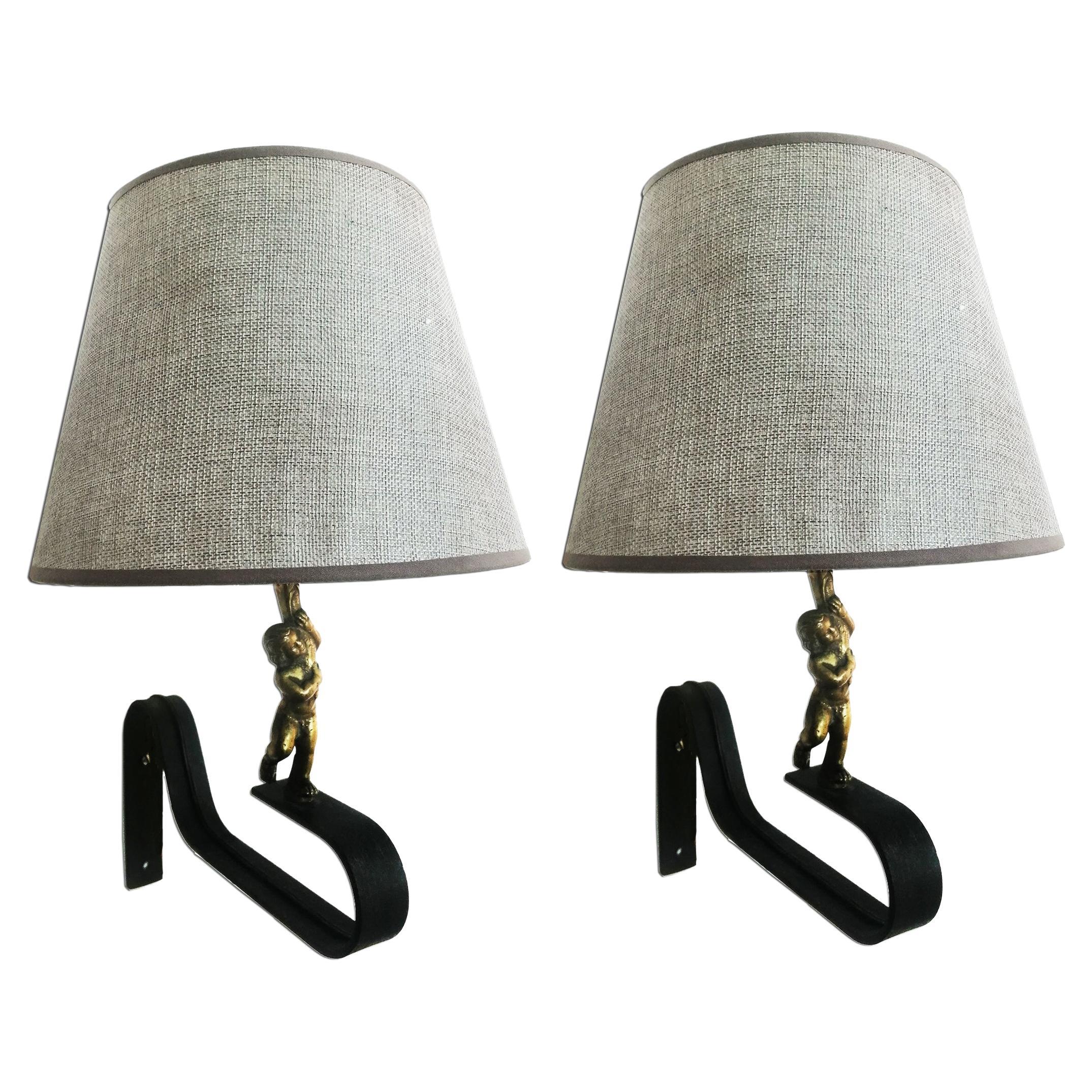 Pair of Wall Sconces With Two Putti or Qherubs or Bronze and Iron 20th Century