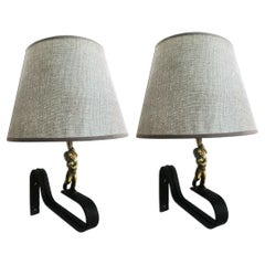 Pair of Wall Sconces With Two Putti or Qherubs or Bronze and Iron 20th Century