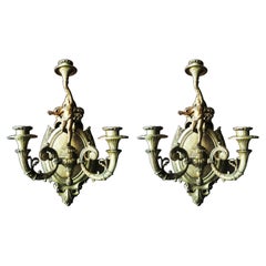  Wall Sconces French Empire Style Whit Cherub Putti Carrying Torch,Bronze, Pair