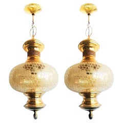 Pendants Lamps Lanterns Crystal Globe, Pair Brass Gold Spain Mid 20th Century
