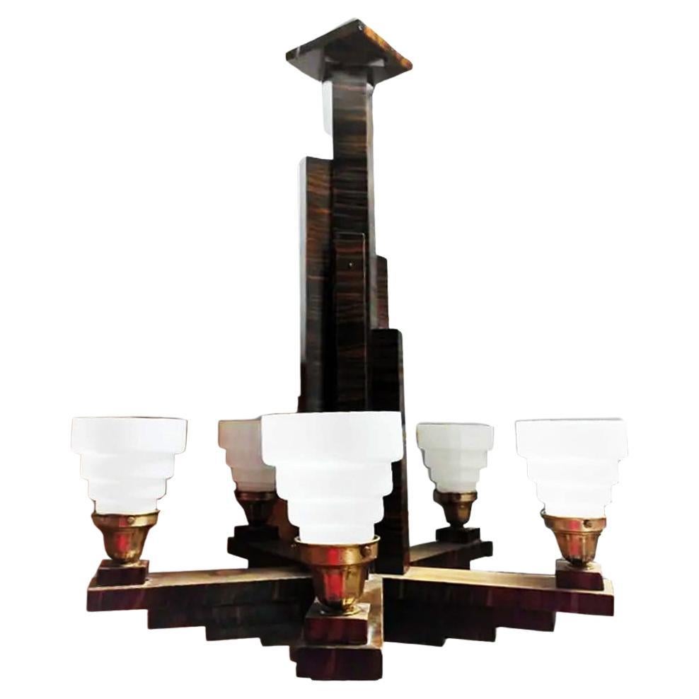 Wood Art Deco Lamp or Chandelier Spectacular Coromandel Skyscraper Early 20th Century For Sale