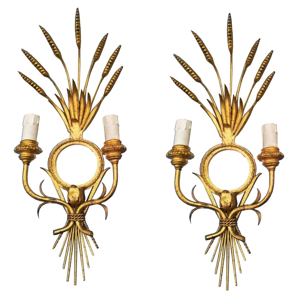 Wall Sconces  Maison Bagues Style Gold Leaf and Mirror Leves, France Midcentury For Sale