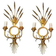 Wall Sconces  Maison Bagues Style Gold Leaf and Mirror Leves, France Midcentury