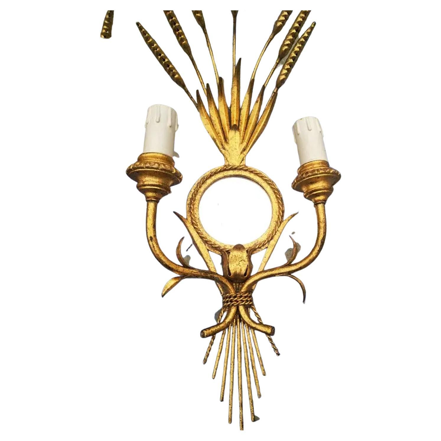 Mid-Century Modern Wall Sconces  Maison Bagues Style Gold Leaf and Mirror Leves, France Midcentury For Sale