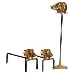 Fireplace Andirons and Utensil Hanger, Sacher Dog Figure in Bronze and Iron, 