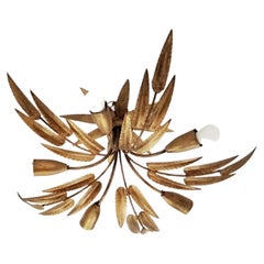 Midcentury Chandelier Gilded with Gold Leaf Leaves Handcrafted Iron, Fance,1950s