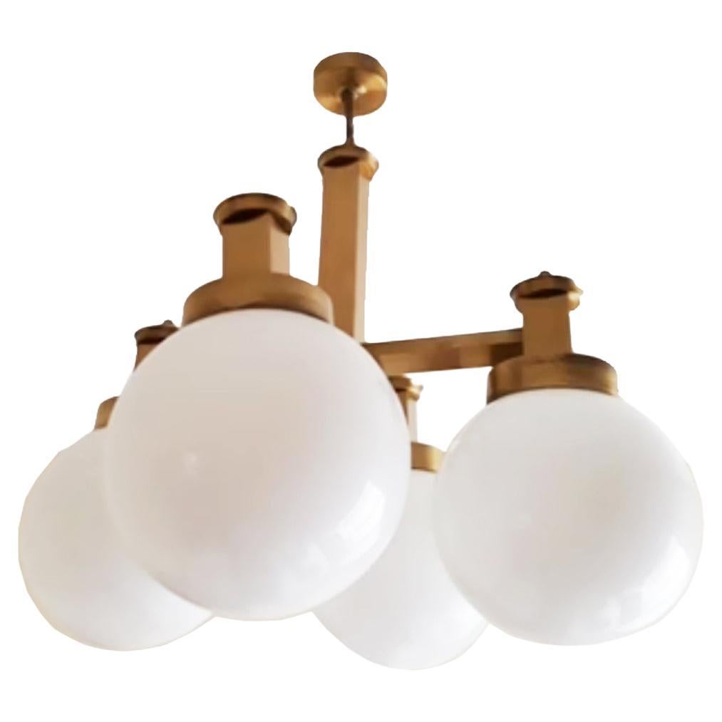 Lamp  Chandelier Sciolari Style Brass Opaline Glass, Italy, 1960s For Sale