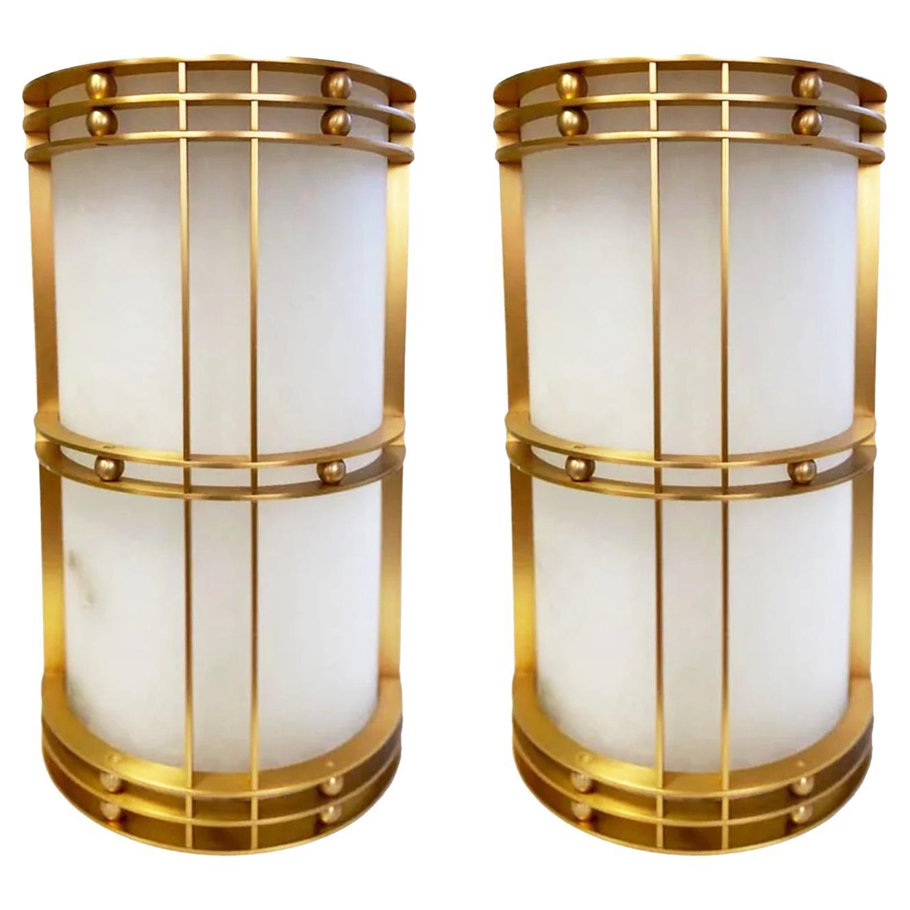 Wall Sconces Large, Natural Alabaster and Brass  Art Deco  Style, Spain