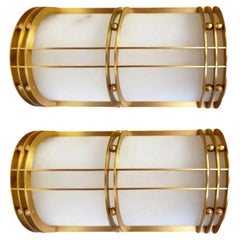 Wall Sconces or Lamp Alabaster and Brass  Art Deco Design Half Cylinder, Spain