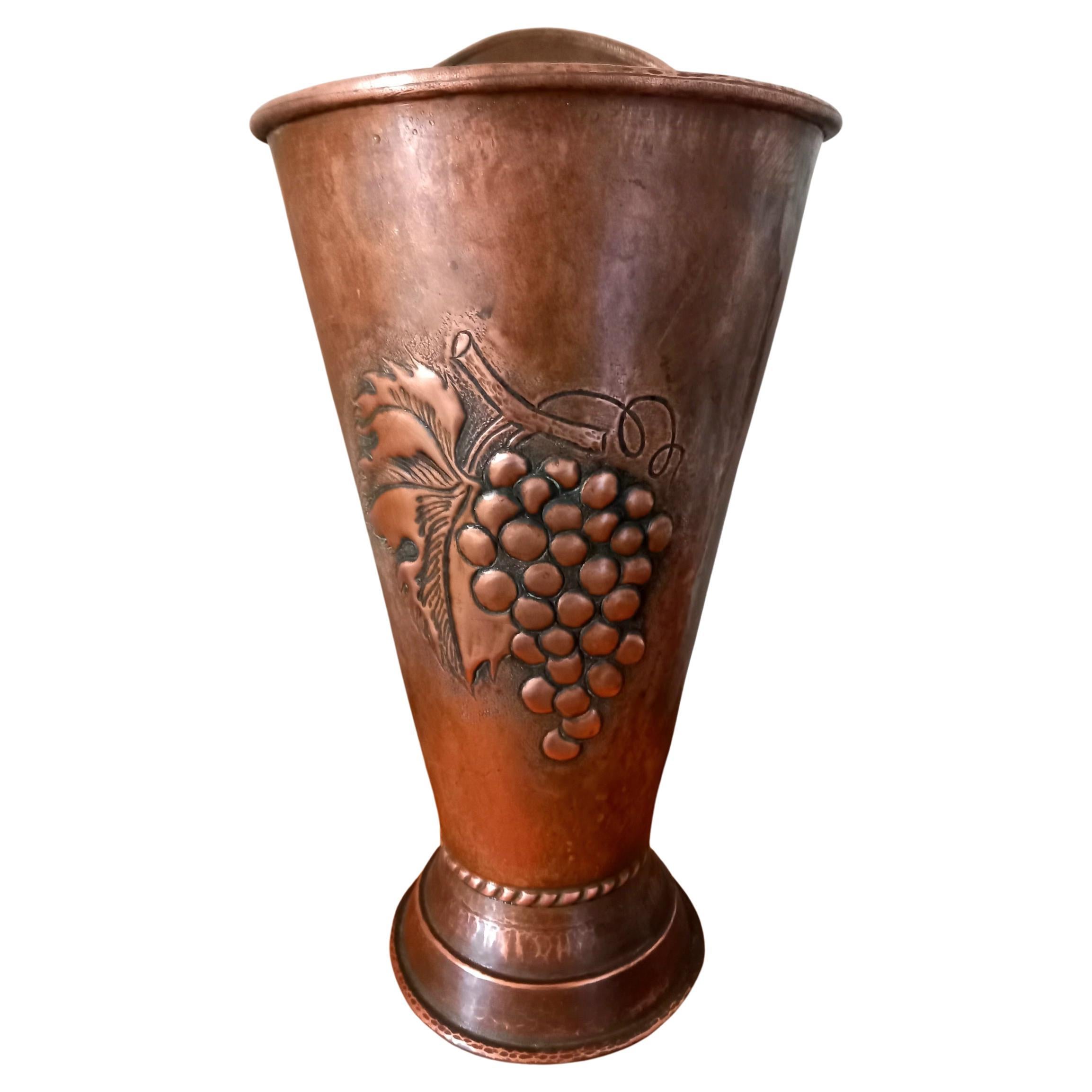 Copper Umbrella Stand, Hammered and With Embossed Bunch of Grapes  From Spain For Sale