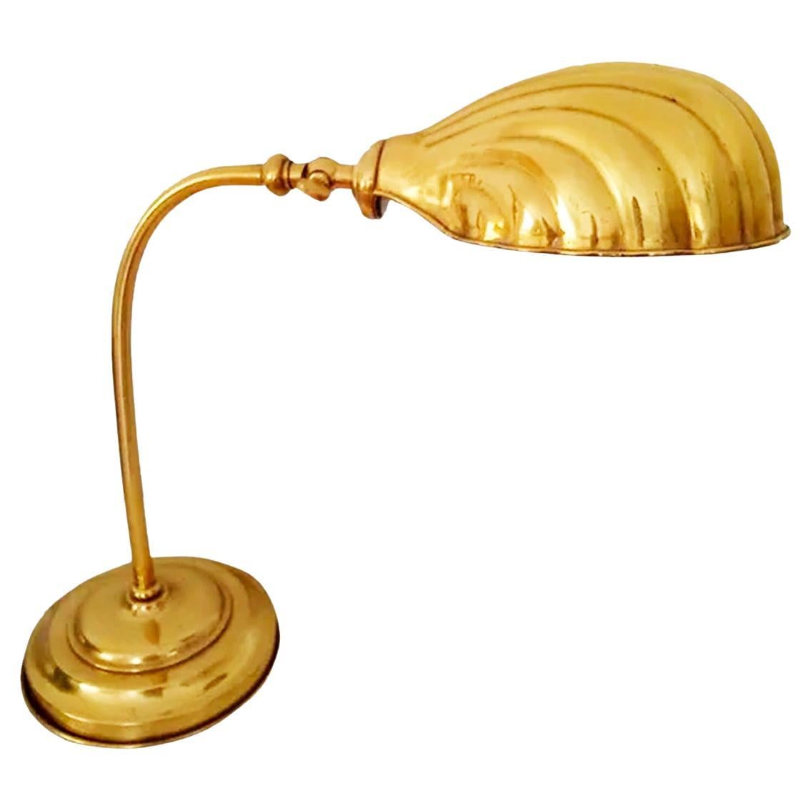   Desk or Table Lamp Shell Brass Gooseneck, Gold  Art Deco Style For Sale