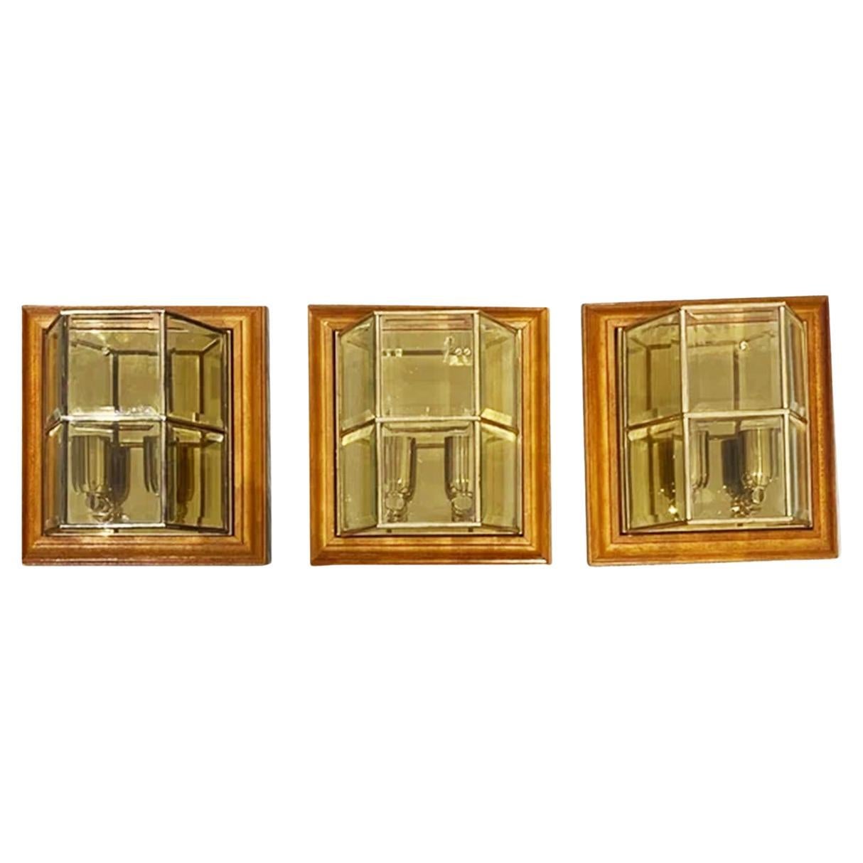 Wall Sconces  Brass Glass and Wood , Spain Mid-20th Century For Sale