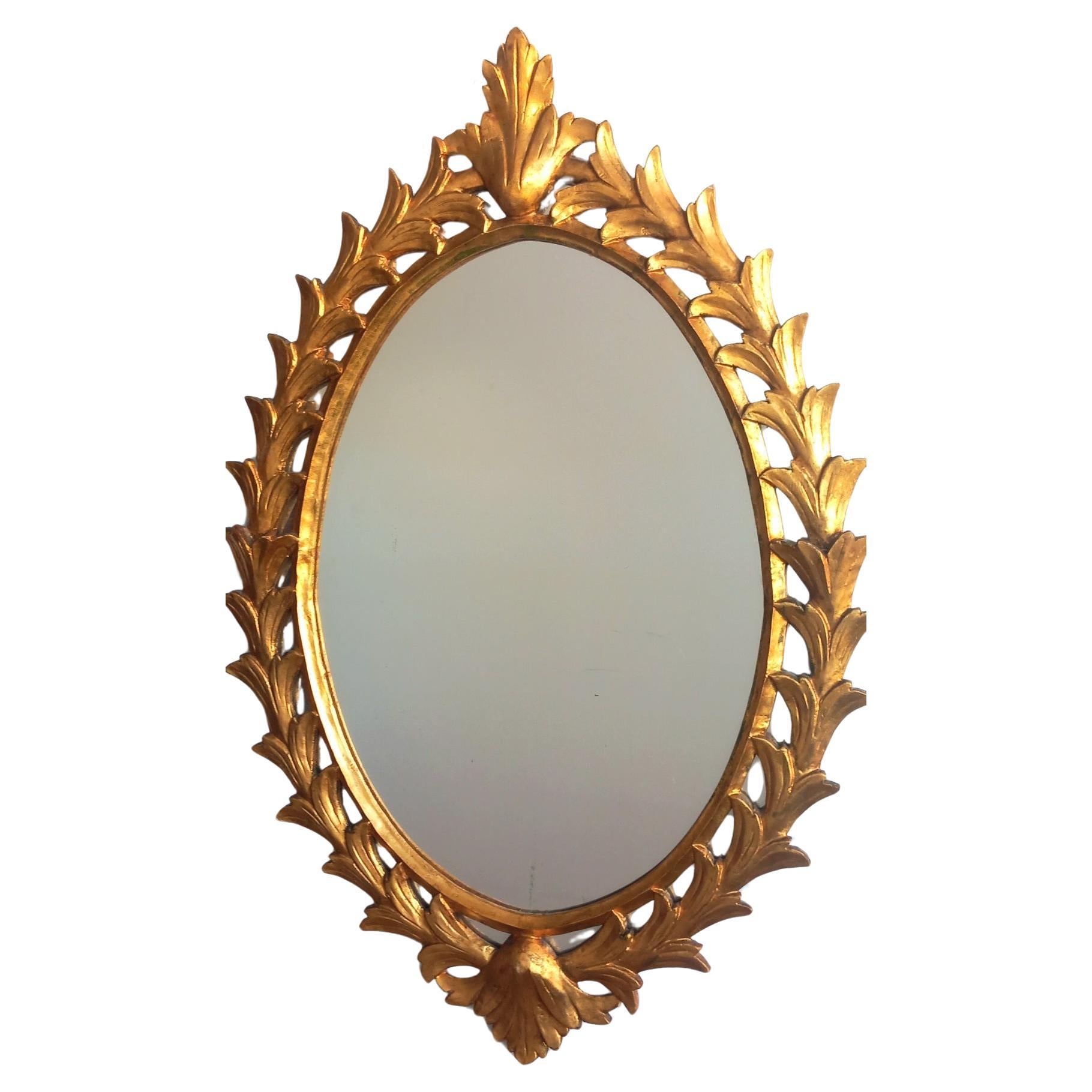 Mirror Large Wooden Acanthus Leaves Glod Leaf Mid-20th Century.  Italy For Sale