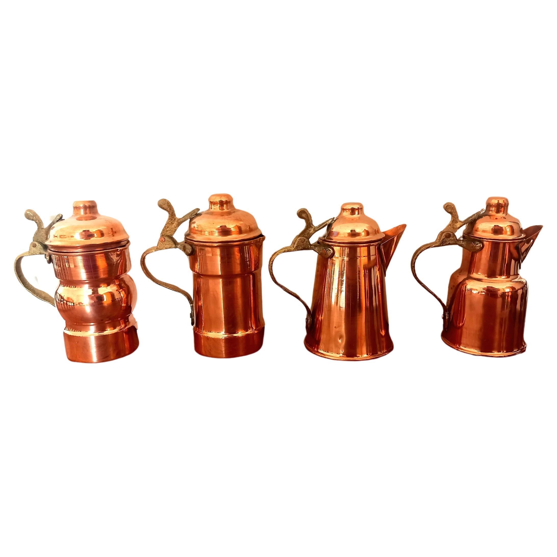  Copper Kitchen Decoration Vintage Coffee Pots For Rustic  Lot of Four Diferent For Sale