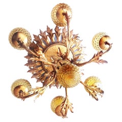 Lustre spectaculaire  Fer et feuille d'or  Grande Sice Mid-Century  France