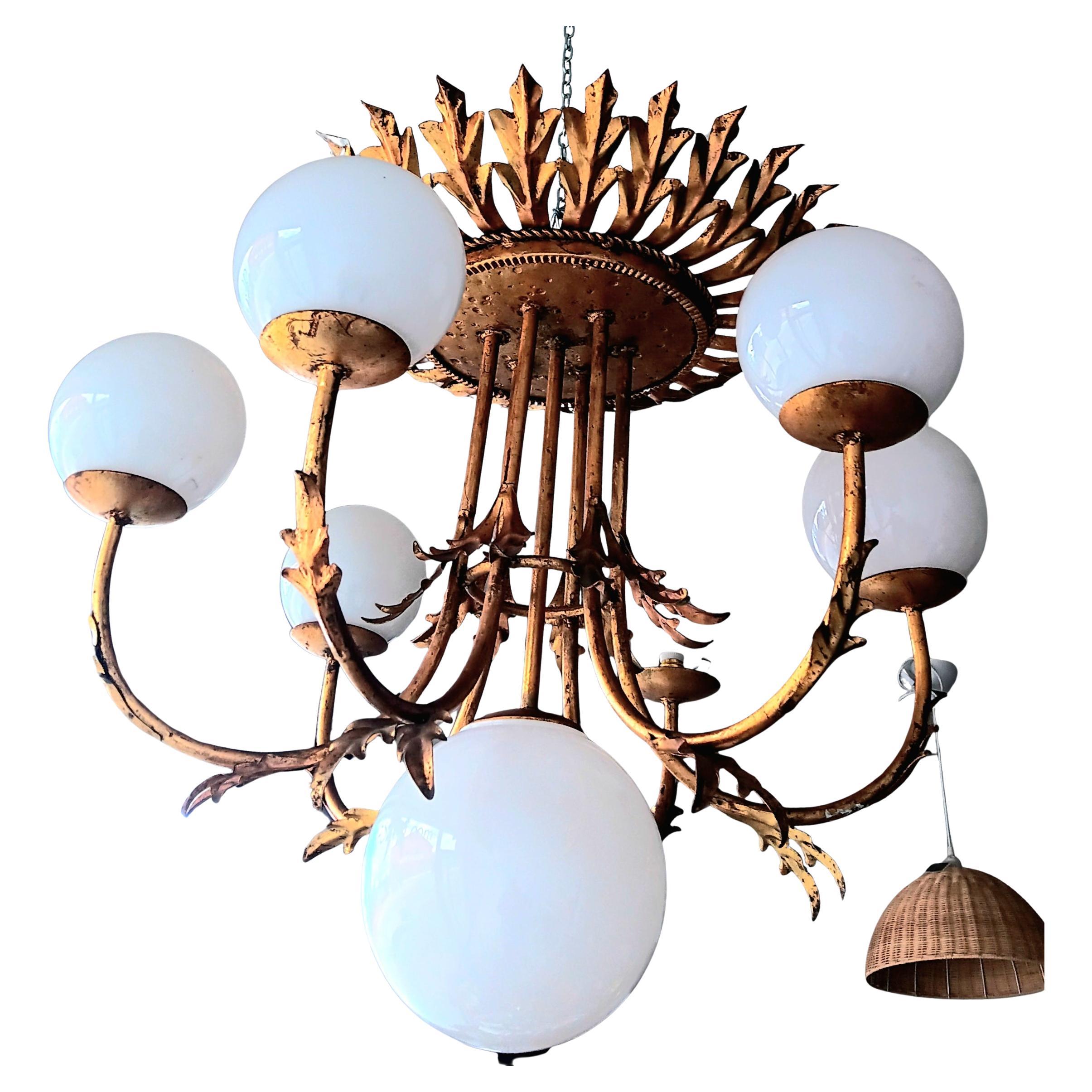 20th Century Sunburst Foliage Floral Ceiling Light / Chandelier Large Size, Rare Spectacular For Sale