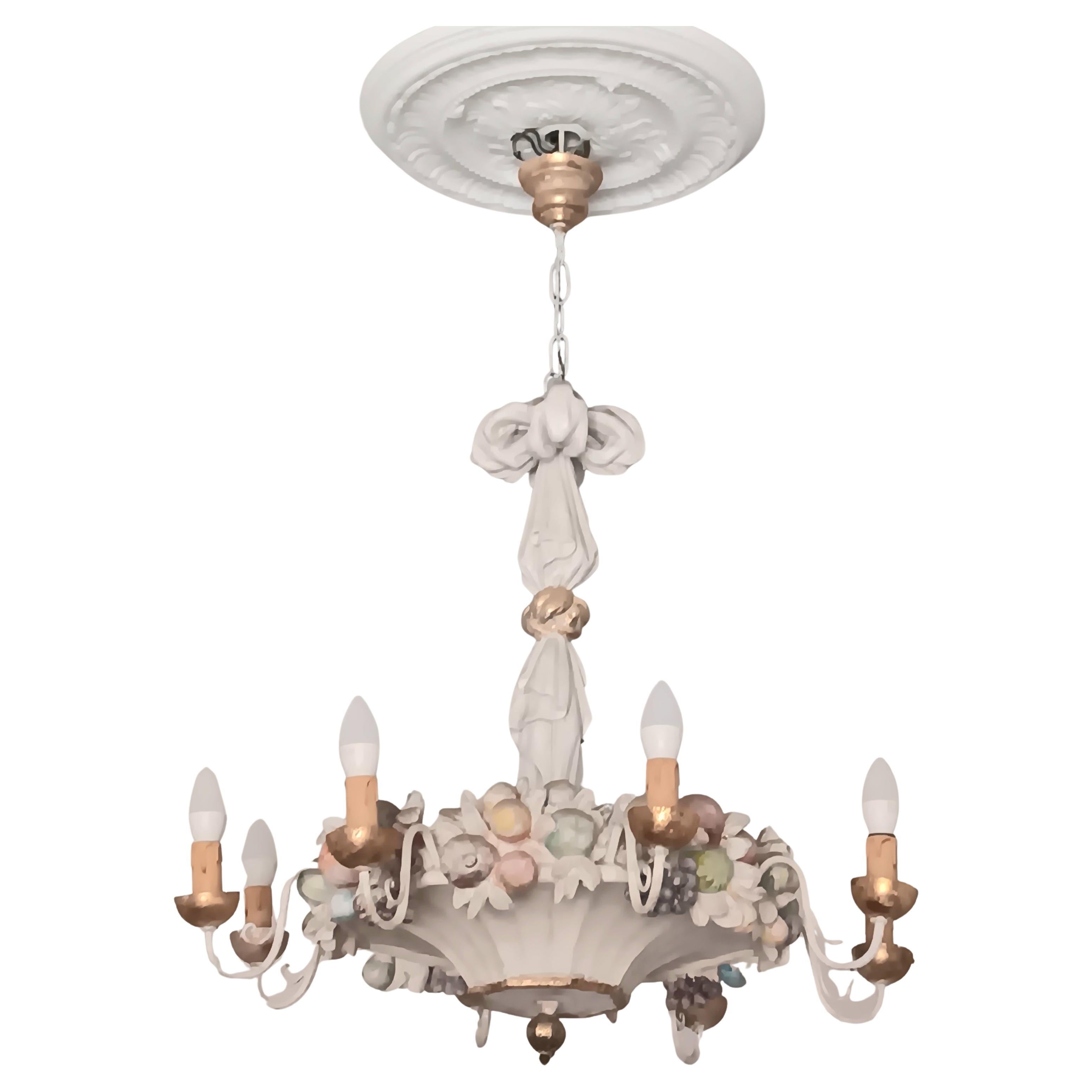 70x70x70(without upper chain) 102 cm total

 Spectacular wooden carved ceiling lamp or chandelier. A garland of fruit held together by a beautiful bow. It's made of lightweight wood, so it's not too heavy. It's polychrome in soft colors with touches