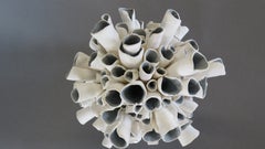 Ceramic Sculpture "Starburst" Sphere in Natural White With Blue/Gray Interior