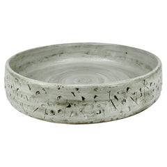 Large Low Serving Bowl, Carved Exterior In Off-White Glaze, Hand Built Ceramic
