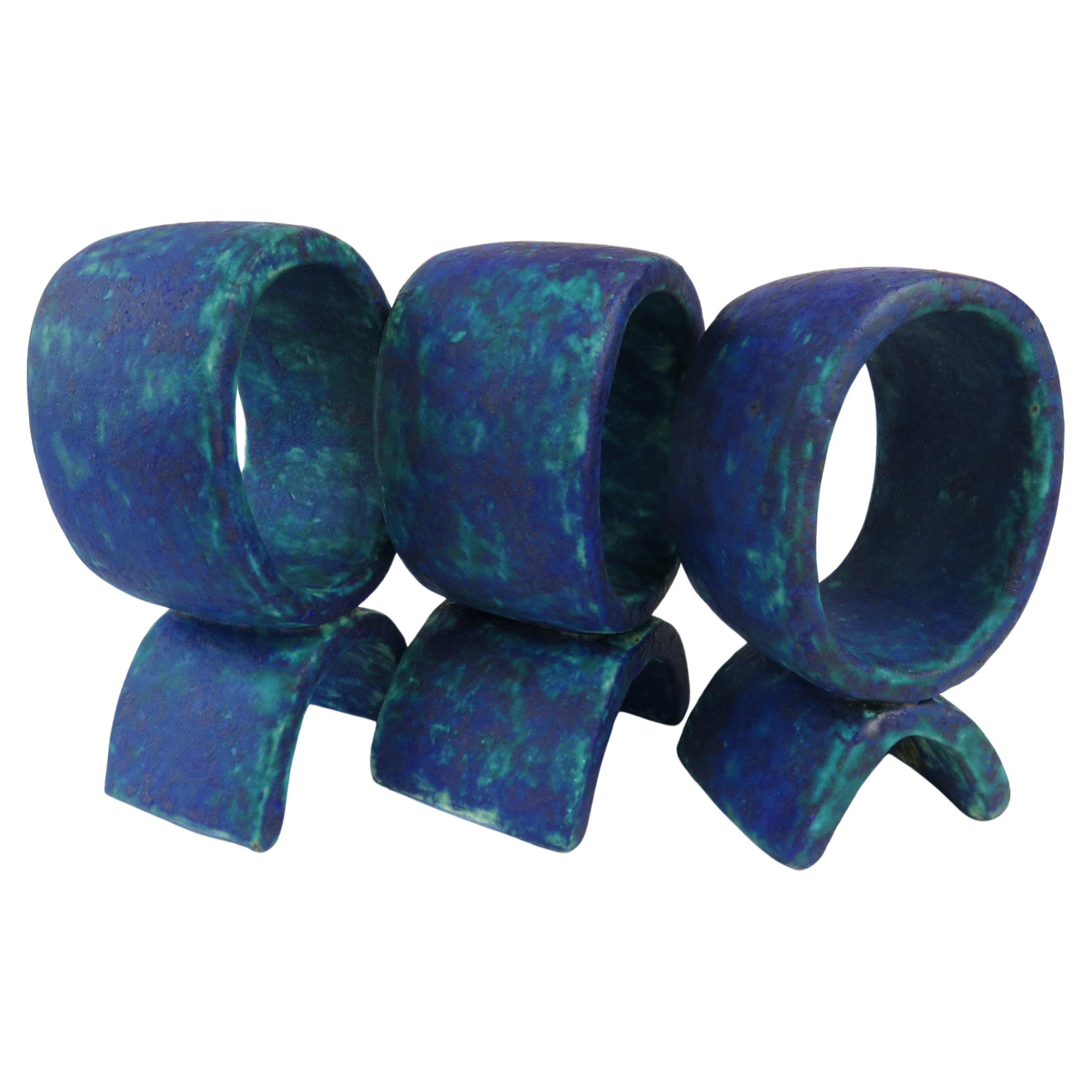 Mottled Turquoise and Deep Blue, 3 Ceramic Totems, Single Rings on Curved Legs For Sale