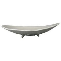 Large White Ceramic Bowl on Tripod Feet, Wave Rim with Hand Drawn Interior