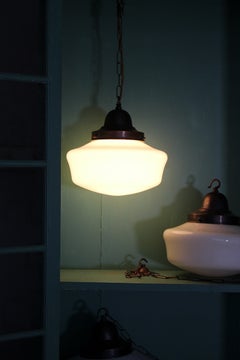 Trio of Early 20th Century Edwardian Glass Opaline Copper Pendants Lights