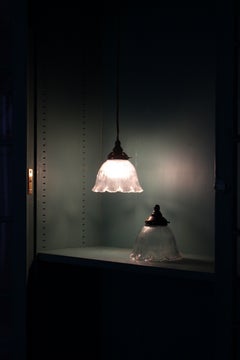 Pair of Mid-20th Century Holophane Style Prismatic Fluted Pendants Lights