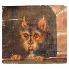 S. XIX. Cornelius Jansen Walter. Terrier de invierno. Óleo sobre tabla. Arte popular con animales