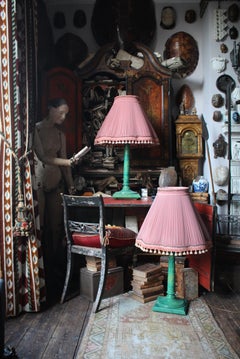 20th C Huge Pair Country House Faux Painted Malachite Table Lamps Dusty Pink