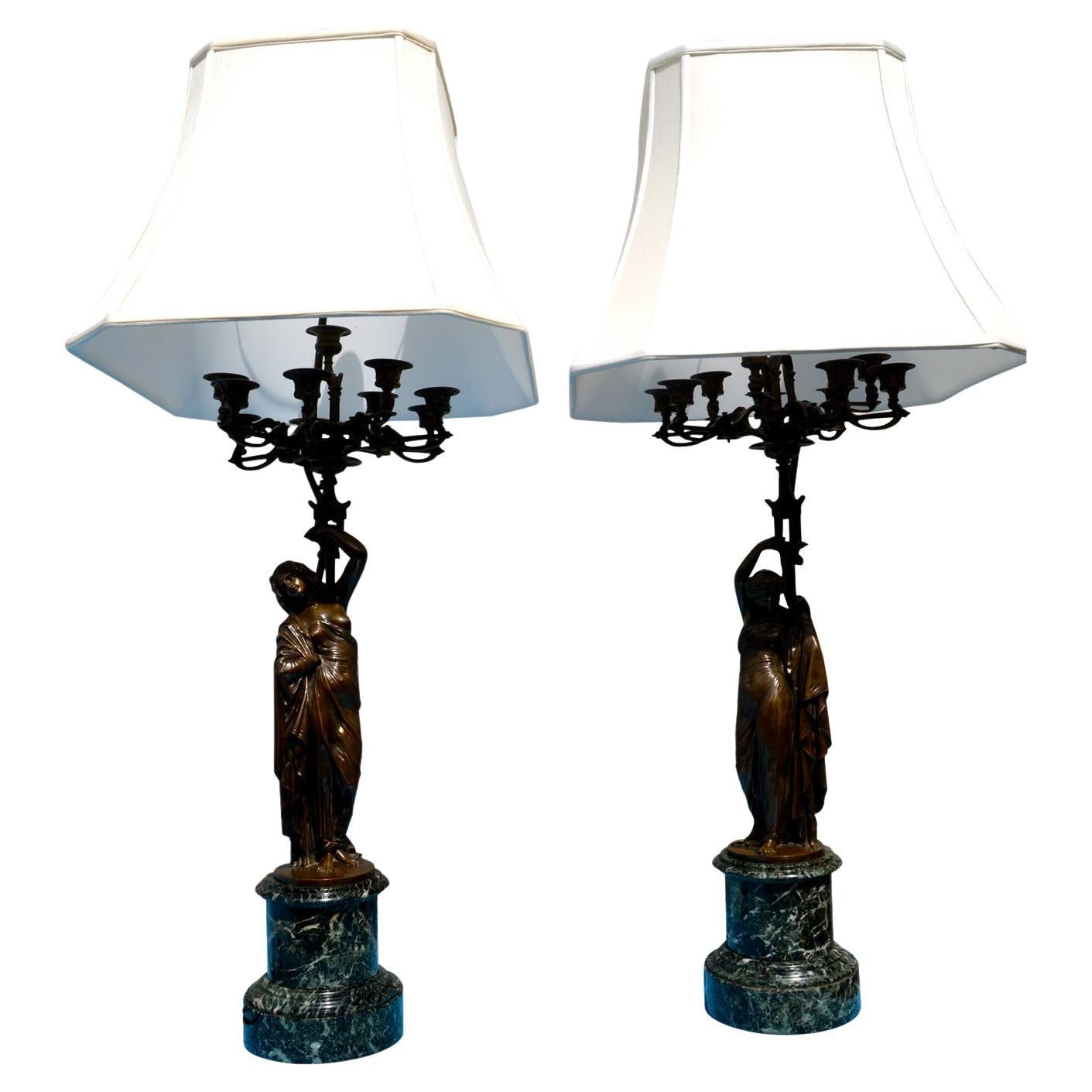 Pair of French 19th Century Figurative Patinated Bronze Candelabra Lamps