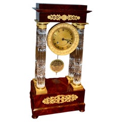 French Empire Mahogany and Cut Crystal Columned Portico Clock