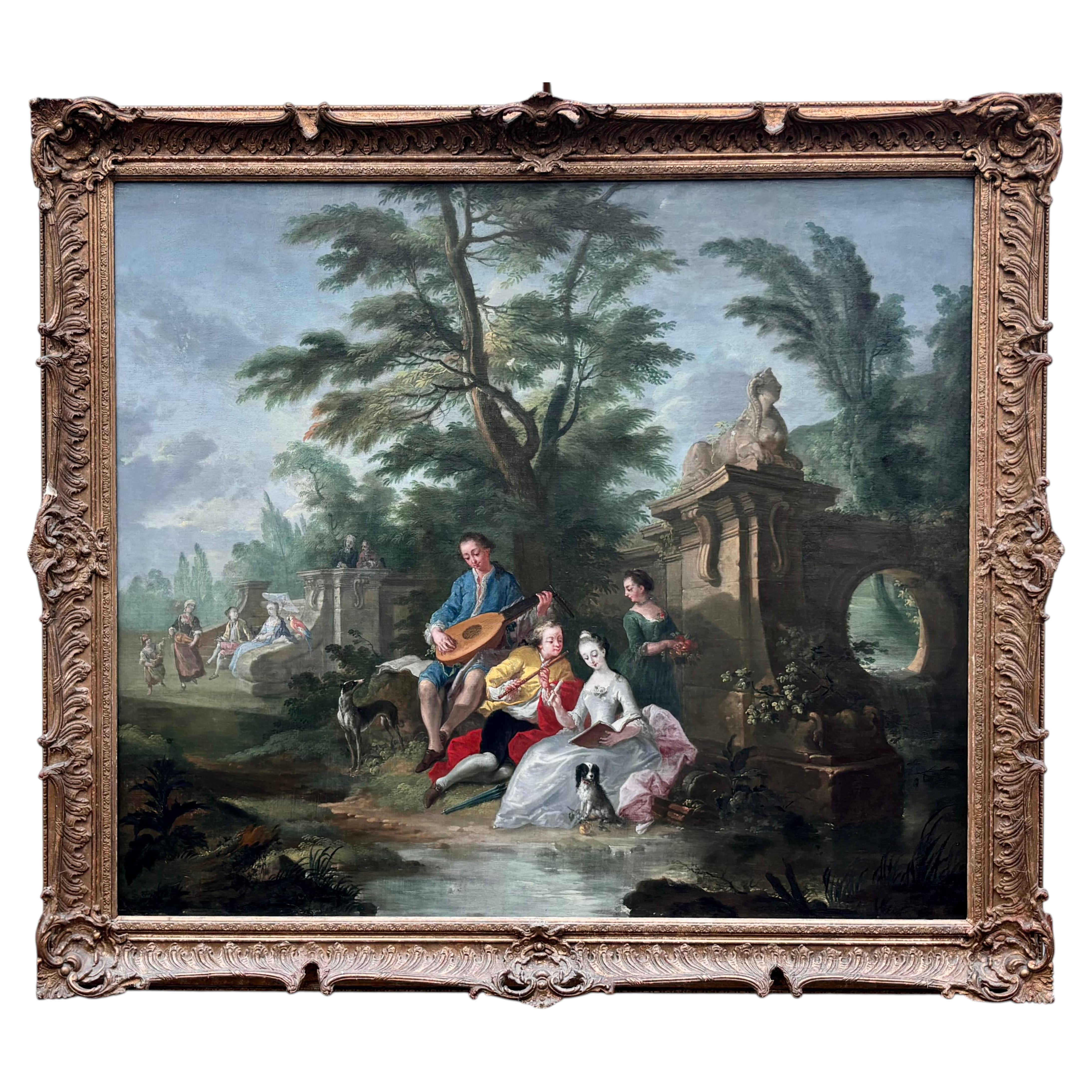 18th Century Romantic Oil Painting of Couples by a Stream, Circa 1730 For Sale