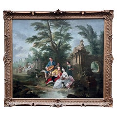 18th Century Romantic Oil Painting of Couples by a Stream, Circa 1730