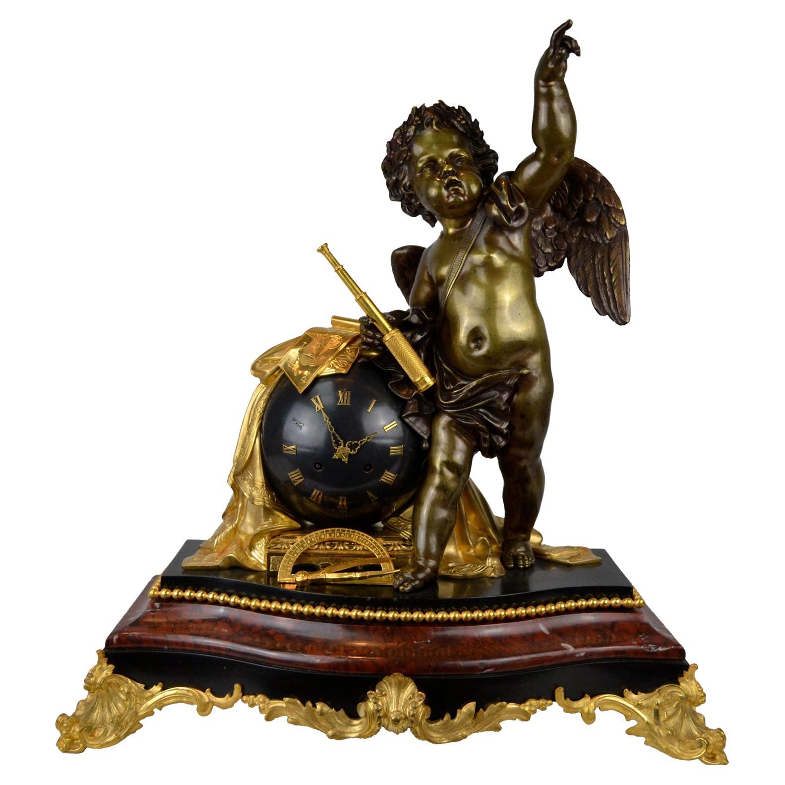 Napoléon III  Horloge de sciences astronomiques française en marbre et bronze