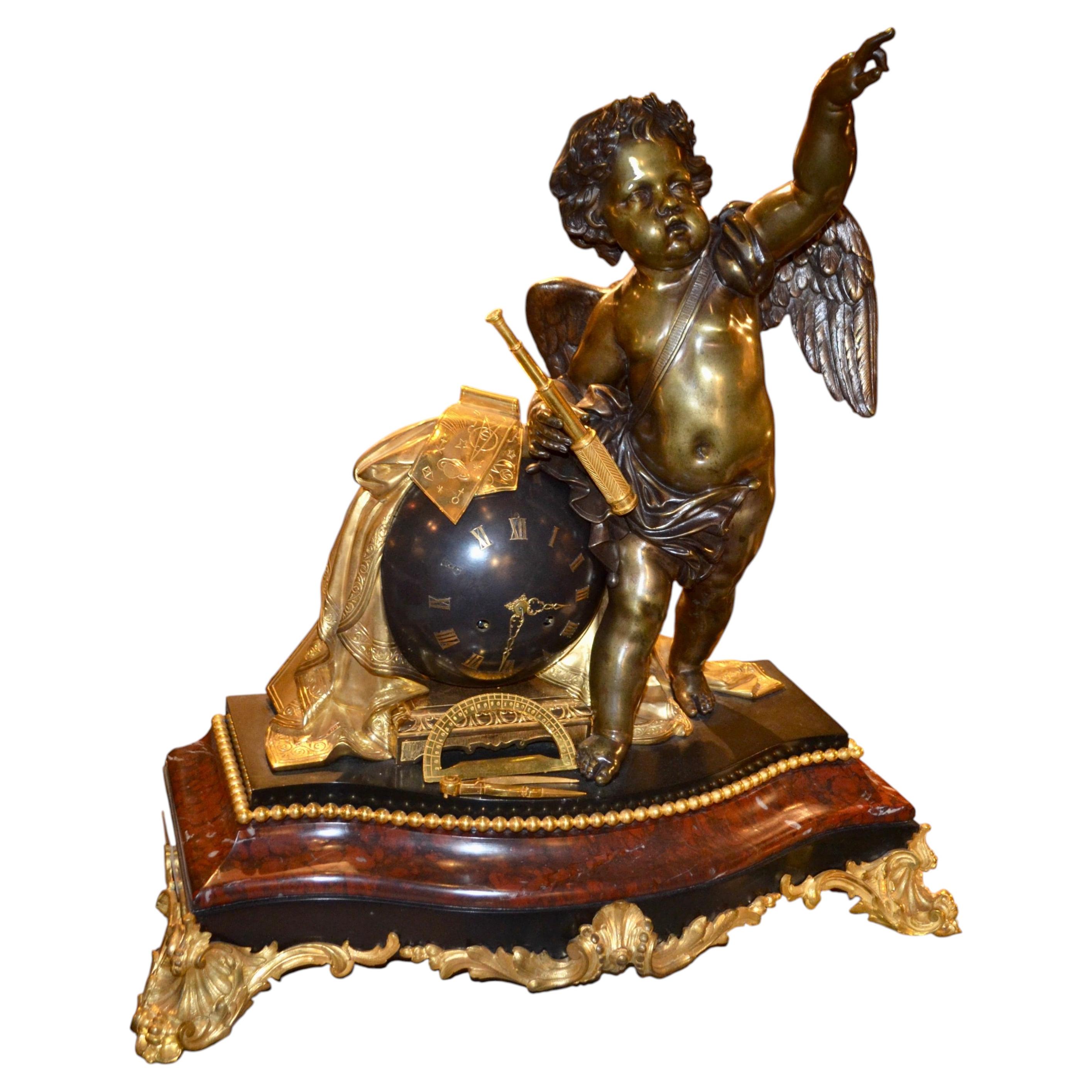 Napoleon III Astronomical Sciences Clock, Patinated Bronze & Marble, 1875 For Sale