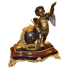 Napoleon III Astronomical Sciences Clock, Patinated Bronze & Marble, 1875