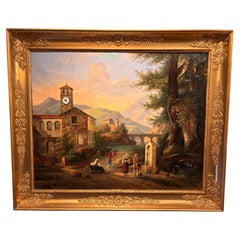 Mid-19th Century Italian Clock Painting, Oil on Canvas, Empire Style