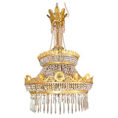 French Empire Chandelier, Gilded Bronze & Crystal, Circa 1920