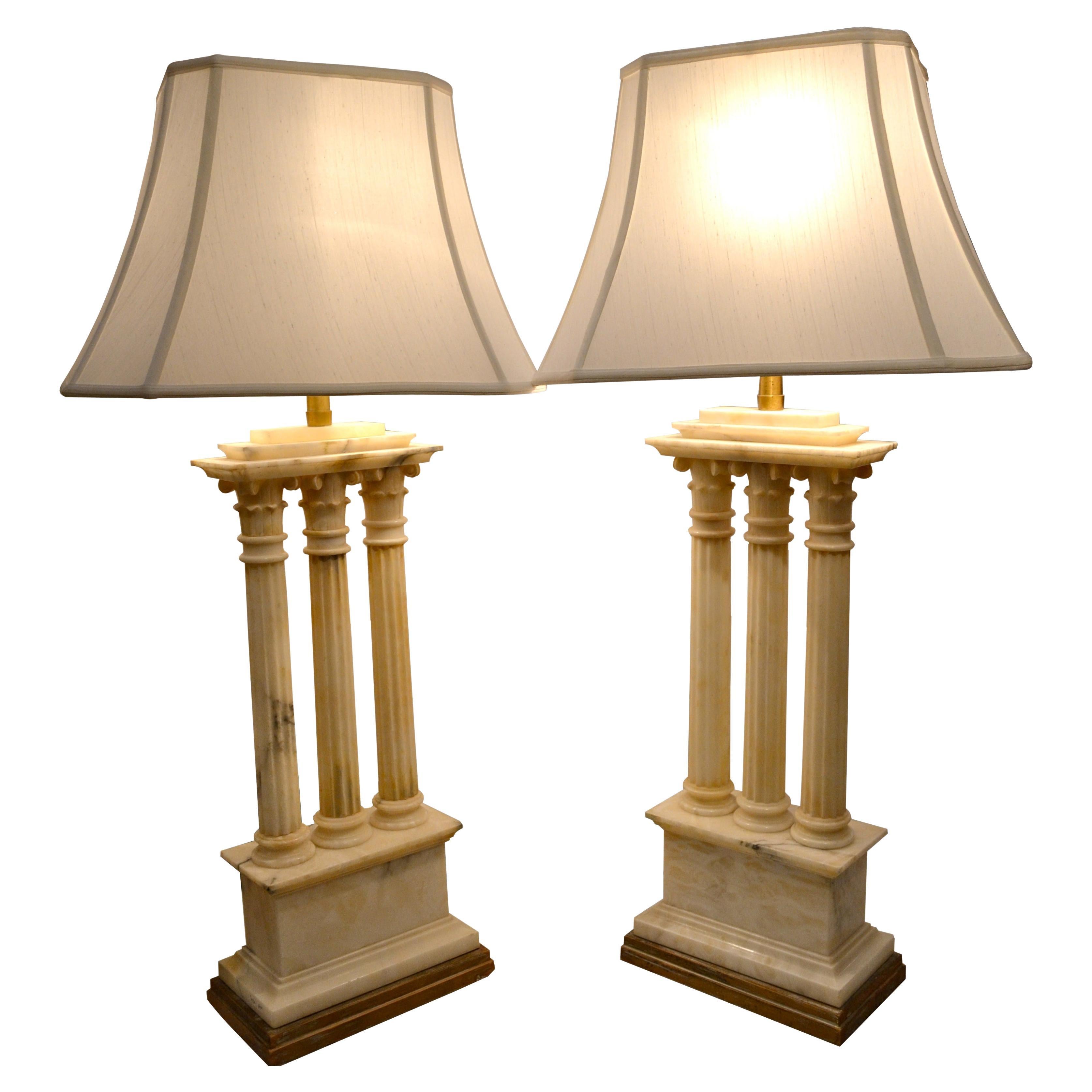 Carved White Alabaster Lamps Modelled After Roman Temple Ruins For Sale
